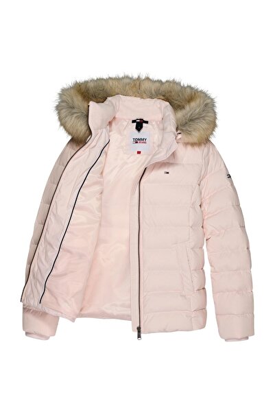 Tommy Hilfiger Women's Brand Flag Logo Fixed Hood Quilted Padded Pink Coat Dw0Dw08588 Tj9