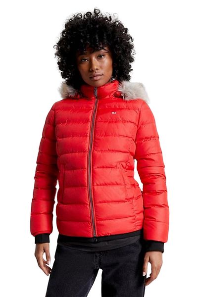 Tommy Hilfiger Women's Brand Flag Logo Fixed Hooded Quilted Padded Red Coat Dw0dw08588-xnl