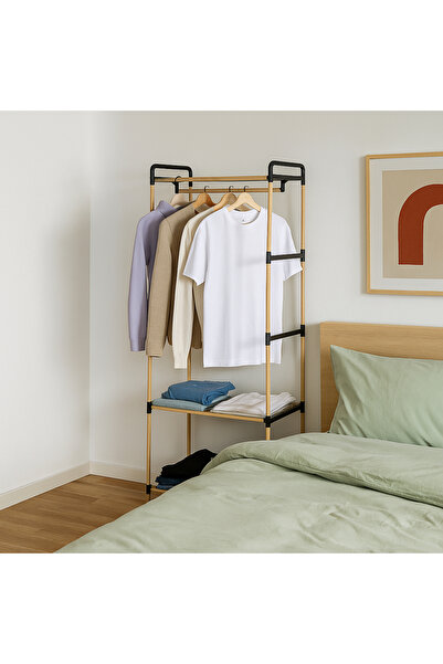 Nwood NE02 AHŞAP GARDROP ELBİSE ASKISI VE İKİLİ RAF SİSTEMİ MASİF ÇAM AHŞAP