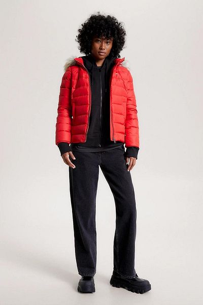 Tommy Hilfiger Women's Brand Flag Logo Fixed Hooded Quilted Padded Red Coat Dw0dw08588-xnl
