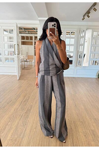 Ecenin Favorileri Linen Vest Palazzo Trousers Stripe Detailed Women's Suit