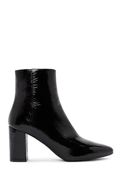 Derimod Gritti Women's Black Zippered Thick Heeled Patent Leather Boots 24Wfd110016