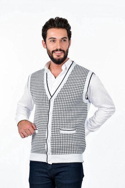 Kamalı Men's Steel Knit Buttoned Pocket Houndstooth Pattern Non-Pilling Knitwear Winter Sweater Vest