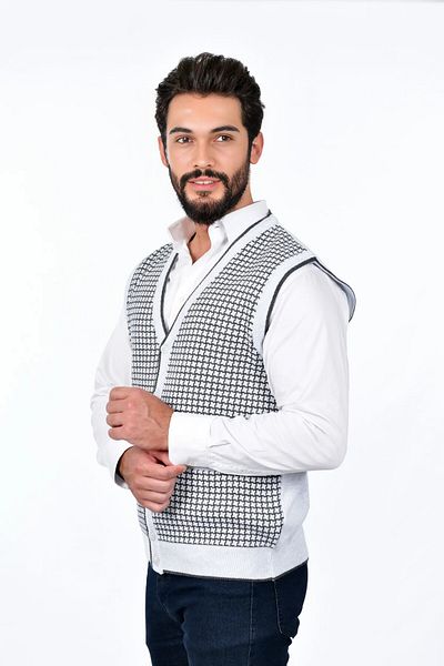 Kamalı Men's Steel Knit Buttoned Pocket Houndstooth Pattern Non-Pilling Knitwear Winter Sweater Vest