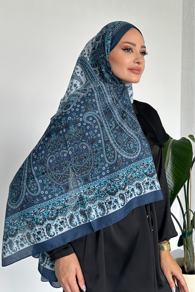 Stella Eşarp Colorful Paisley Ethnic Patterned Indigo Color Soft Cotton Shawl