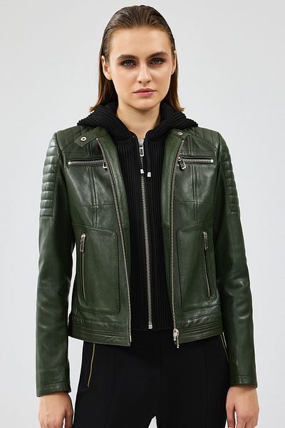 Derimod Zoom Women's - Khaki Hooded Short Leather Jacket 24Wgd5018Ve