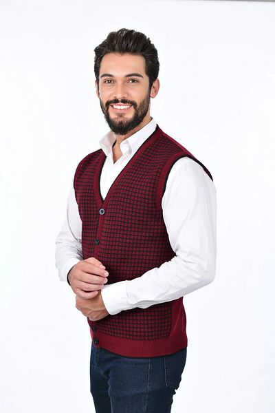 Kamalı Claret Red Men's Steel Knitted Buttoned Pocket Houndstooth Pattern Non-Pilling Knitwear Winter Sweater Vest