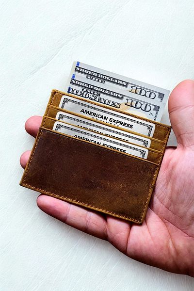 VANİLLA COLLECTİON Camel Genuine Crazy Leather Unisex Credit Card Holder Ultra-Thin Minimal Design Silky Texture