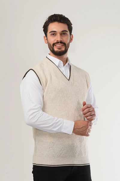 Kamalı Men's V-Neck Knitwear Sweater - Non-Pilling, Hair Knitted Linyis Pattern, Regular Fit