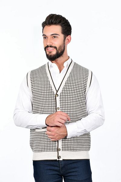 Kamalı Men's Steel Knit Buttoned Pocket Houndstooth Pattern Non-Pilling Knitwear Winter Sweater Vest