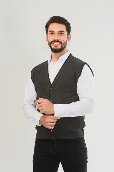Kamalı Gray Men's V-Neck Knitwear Buttoned Pocket Line Patterned Regular Fit Non-Pilling Knitted Vest