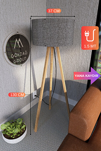 GÖKDAĞ GROUP 3 Ayaklı MEGA BOY Tripod Lambader Abajur Koyu Gri Kumaş Başlık