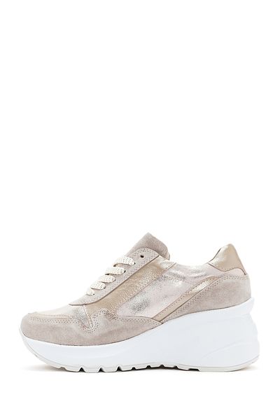 Derimod Women's Beige Wedge Heeled Lace-Up Leather Sneaker 24Sfd371314