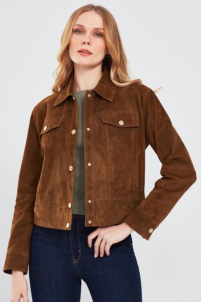 Derimod Amber Women's Brown Shirt Collar Short Suede Leather Jacket 24Sge519810