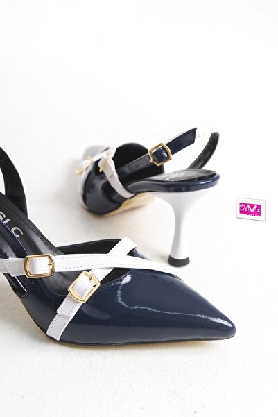 Demashoes Albastru Marin Alb Varf Ascuțit Cataramă Deschisă Toc 7 Cm Dir.