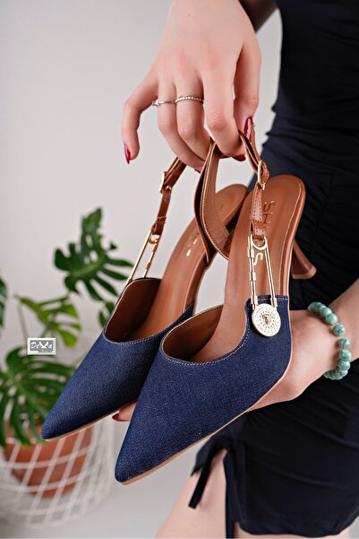 Demashoes Lacivert Kot Kahve Denim Sivri Burun Kapalı Tokalı Arkası Açık Kadı...