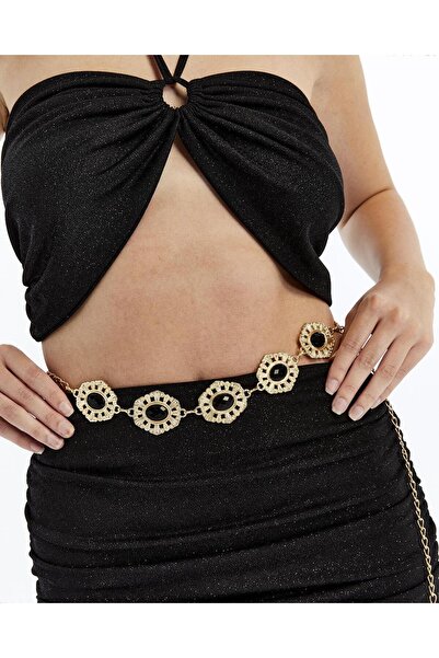 Desre Moda Black Stone Detailed Gold Chain Belt Dress Belt Shirt Belt Jacket Belt