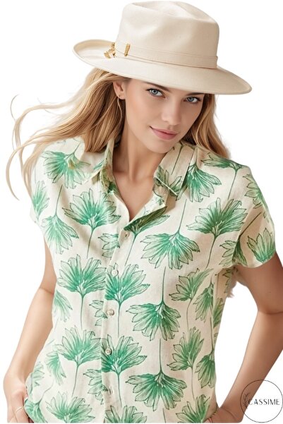 Cassime Cămașă de in cu imprimeu verde pentru femei - mânecă scurtă și nastur...