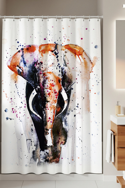 Tropikhome Banyo Perdesi Fil Desen Watercolor Baskılı Solmaz Su Geçirmez Poly...