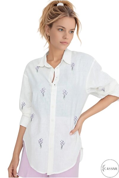 Cassime Жіноча сорочка з вишивкою квітів, бавовняна, оверсайз, широкий крій, ткана