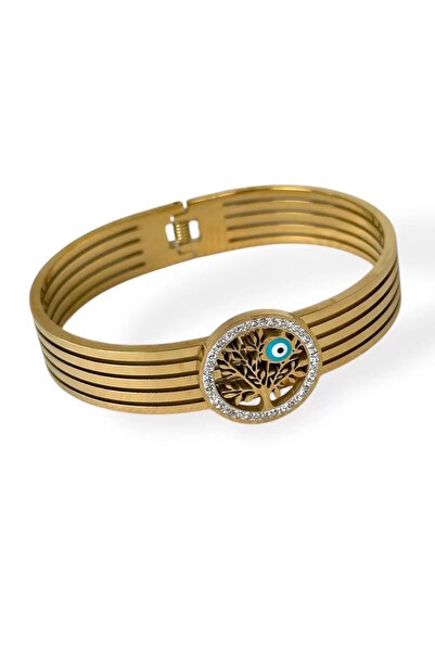 CAŞ DEKORASYON Gold Color Life Tree Figured Steel Handcuff Bracelet