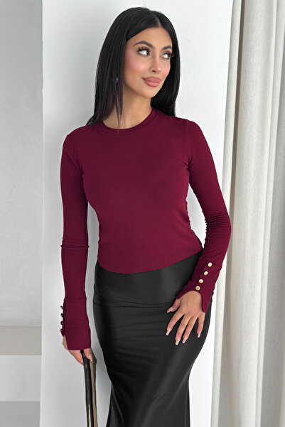 Noa Noa Women's Burgundy Long Sleeve Blouse – Stylish Design with Gold Button Detail