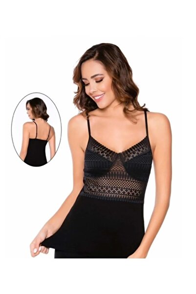 Belinay 6003 Women's Adjustable Strap Lacy Tank Top Black XL
