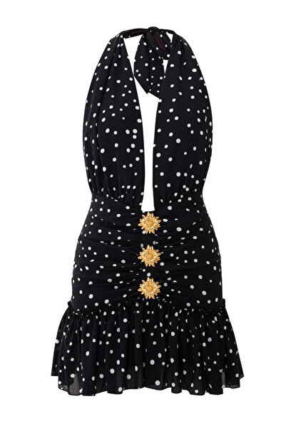 St boutique Gold Düğmeli Puantiye Desen Elbise