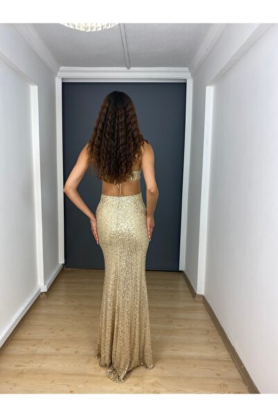 gökkuşagı moda Gold Payet Sırt Dekolteli Uzun Abiye Elbise