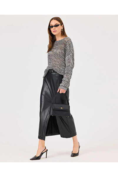SEÇİL Faux Leather Skirt - Slit Detail