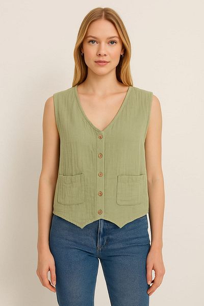 enmodaiçgiyim Mint Green 100% Cotton Muslin Fabric Women's Vest – Pocketed, Buttoned, Lightweight and Breathable