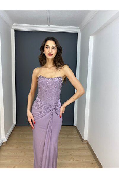 gökkuşagı moda Lavanta Straplez Yırtmaçlı Üst İnci Detaylı Likralı Göbeği Kam...