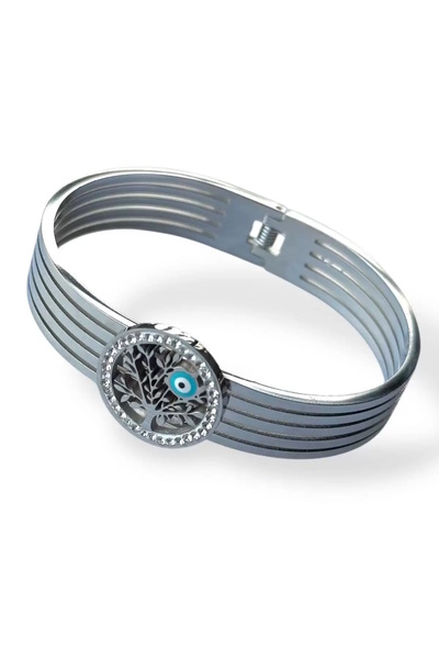 CAŞ DEKORASYON Silver Color Life Tree Figured Steel Handcuff Bracelet