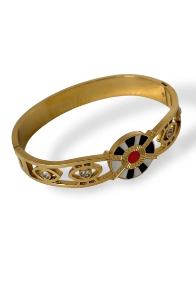 CAŞ DEKORASYON Gold Color Mixed Figured Stone Steel Handcuff Bracelet