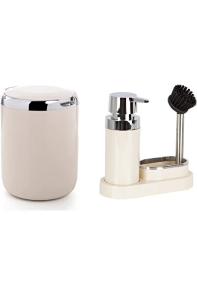 Prima Nova Beige Kitchen Set - 300ml Sponge Bowl, 20X8,5X19,5Cm Plastic Soap Dispenser Brush 1 Piece