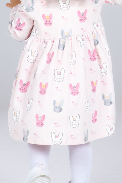 Kyron Kız Bebek Tavşan Desenli Elbise - Pembe - %100 Pamuk