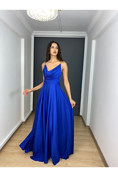 gökkuşagı moda Sax Saten A Kesim Değaje Yaka Zincir Askılı Uzun Abiye Elbise