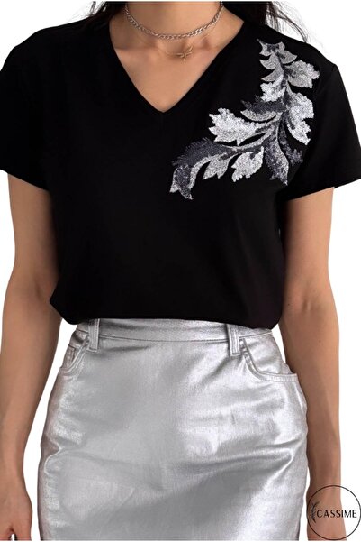 Cassime Γυναικείο μπλουζάκι με κέντημα με παγιέτες με φύλλα ώμου μαύρο μεγάλο...