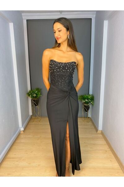 gökkuşagı moda Siyah Straplez Yırtmaçlı Üst İnci Detaylı Likralı Göbeği Kamuf...