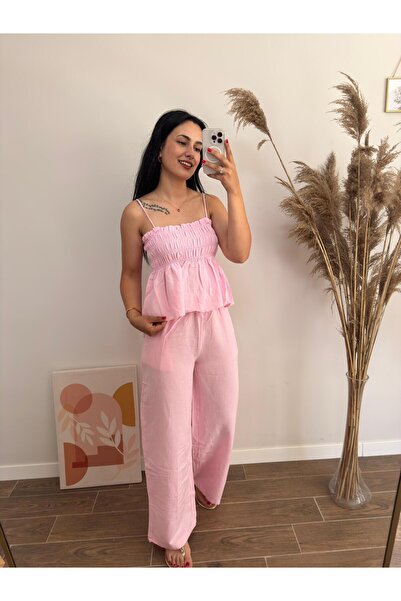 DUSOHOME Pink Gipeli Blouse Trousers Linen Suit