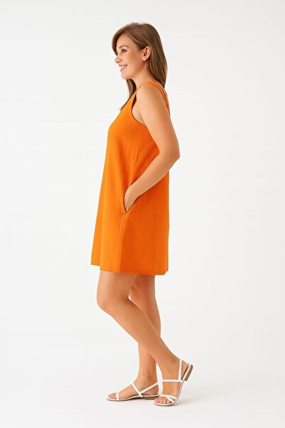 enmodaiçgiyim Orange 100% Cotton Muslin Fabric Pocket Short Women's Dress – Summer Comfortable Casual Dress