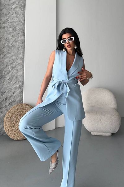 AKD Atelier Women's Double Bottom Top Set Stylish Belted Pocket Detailed Vest Pants Set