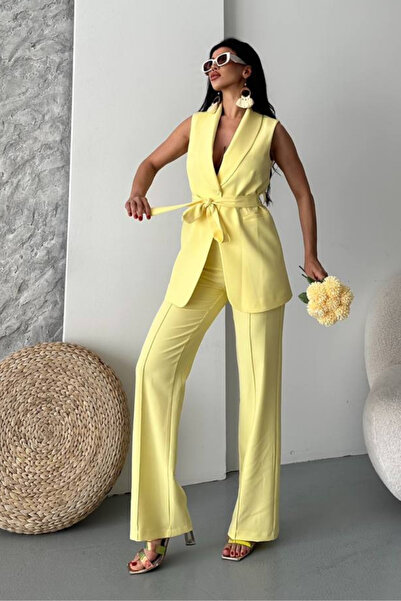 AKD Atelier Women's Double Bottom Top Set Stylish Belted Pocket Detailed Vest Pants Set