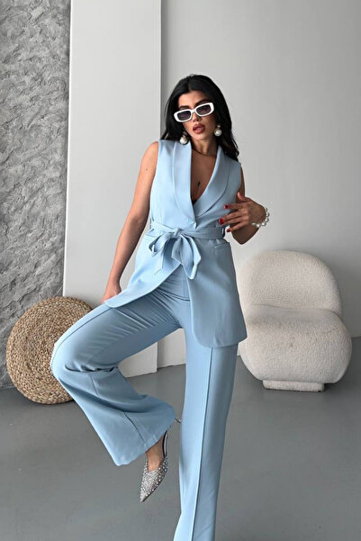 AKD Atelier Women's Double Bottom Top Set Stylish Belted Pocket Detailed Vest Pants Set