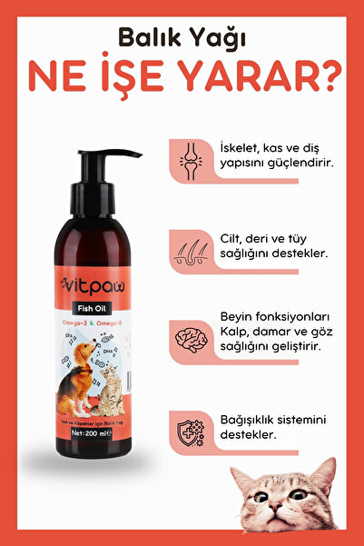 vitpaw Fish Oil 200 ml – Kedi ve Köpekler İçin Omega 3 ve 6 Balık Yağı - Tüy ve Genel Sağlık Destekleyici