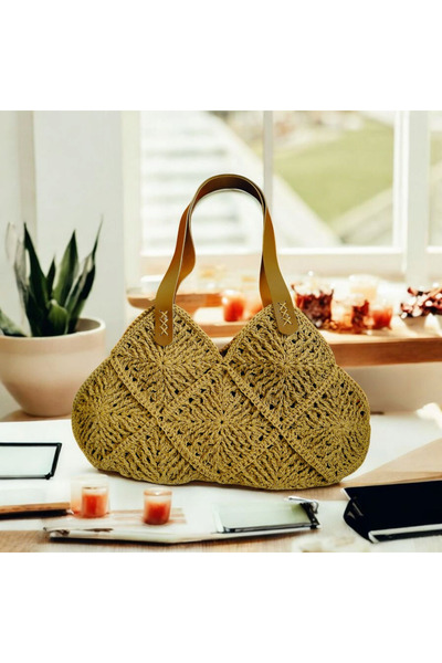Altınergiyim KAĞIT İP İLE ÖRÜLMÜŞ MOTİFLİ DERİ ASKILI ÇANTA