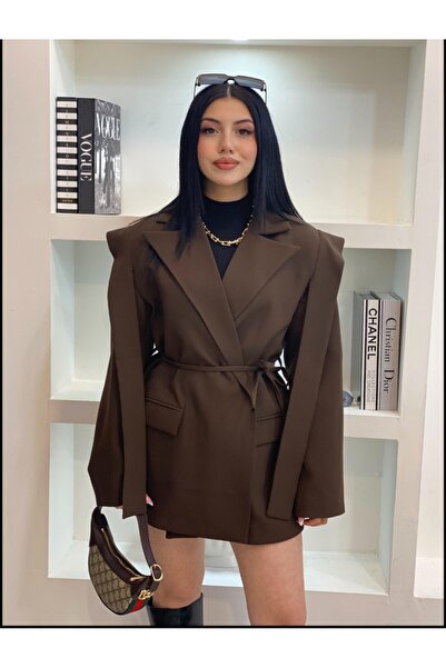 Lovely butik KADIN OMUZ KUŞAK TASARIM BEL BAĞCIK DETAYLI BLAZER CEKET