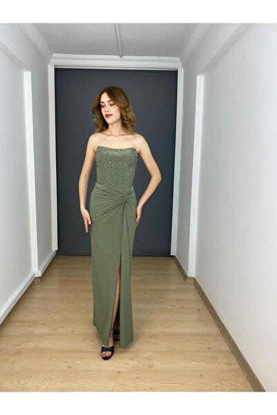 gökkuşagı moda Haki Straplez Yırtmaçlı Üst İnci Detaylı Likralı Göbeği Kamufl...