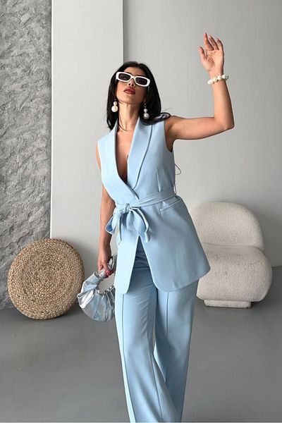 AKD Atelier Women's Double Bottom Top Set Stylish Belted Pocket Detailed Vest Pants Set