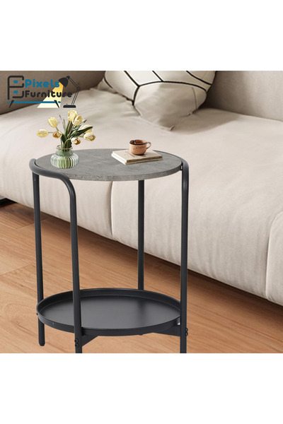 PixelsFurniture Pixel Furniture 2-Tier Round Side Coffee Table with Wood Top, Lower Shelf and Metal Ends